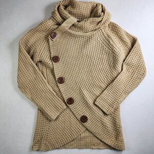 Grecerelle Cowl Neck Women's Small Asymmetric Wrap Sweater Chunky Pullover Tan